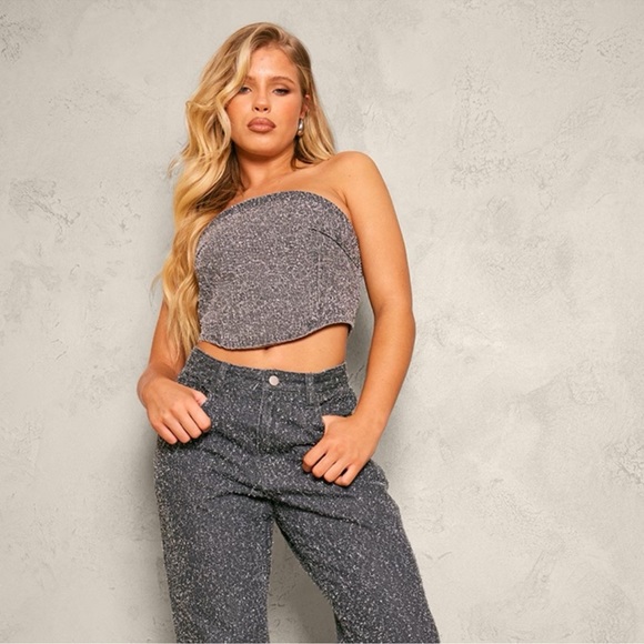 Pretty Little Thing  GREY BOBBLE DENIM CORSET CROP TOP - Picture 3 of 6